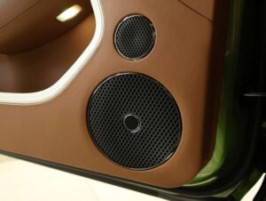 Exklusiv bilinteriör med läder och högtalargaller, för musikupplevelse i bilen.